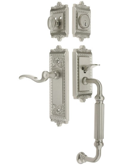 Windsor Entry Lock Set in Satin Nickel Finish with Right-Handed Bellagio Lever and